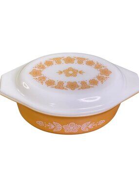Vintage Pyrex Oval Casserole Dish Butterfly Gold Pattern w/ Lid 1.5qt 1970's